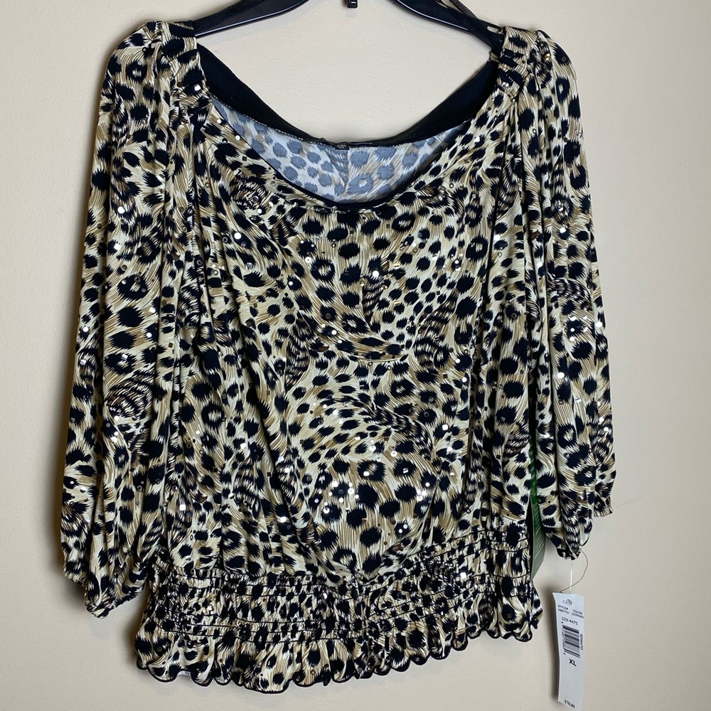 Blu Sage Black and Cream Leopard Print Blouse‎ with Sequins.